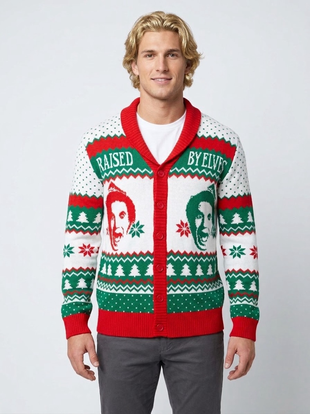 ELF Men's 'Raised By Elves' Ugly Sweater Holiday Cardigan - Red/ White, XL